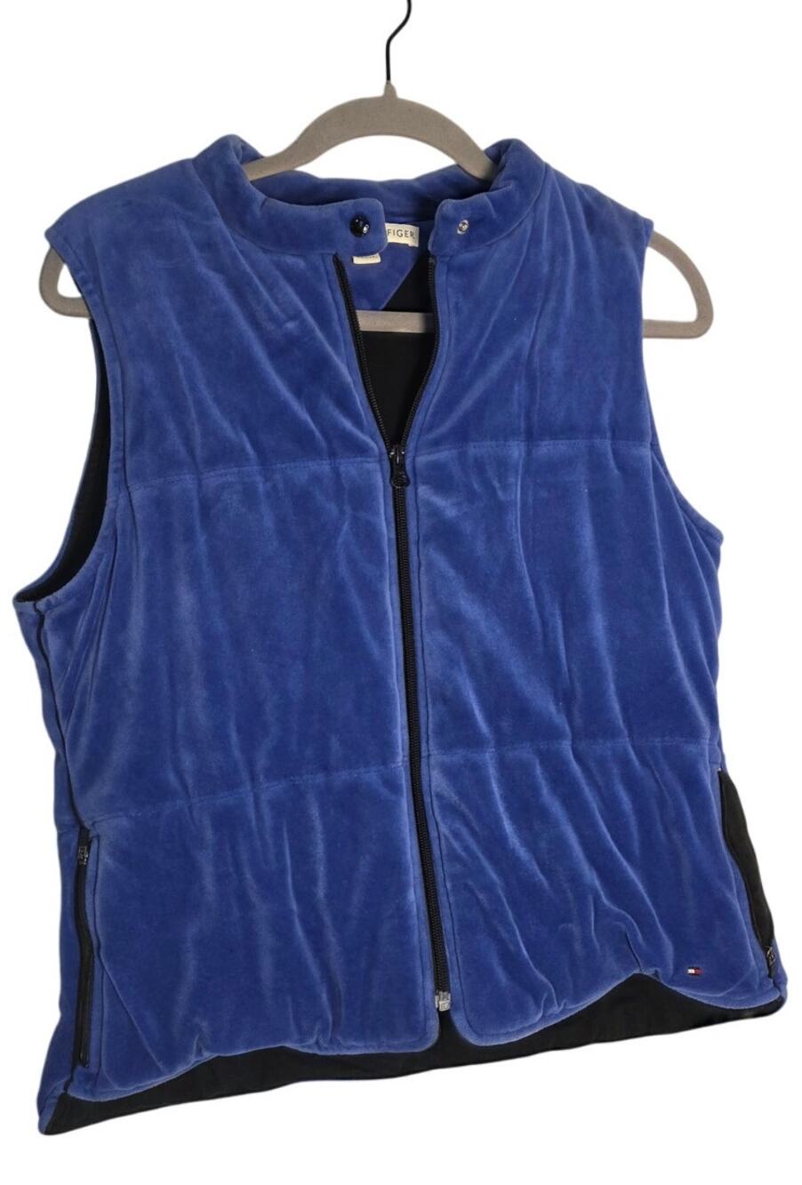 VTG Y2K Tommy Hilfiger Womens XL Blue Velvet Puffer Vest Zip Retro Cozy Hiking